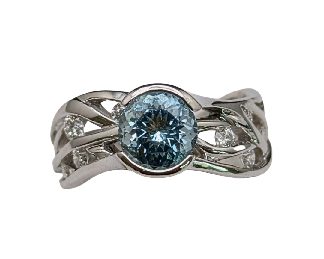 Aquamarine Free Form Vine Ring - White Gold