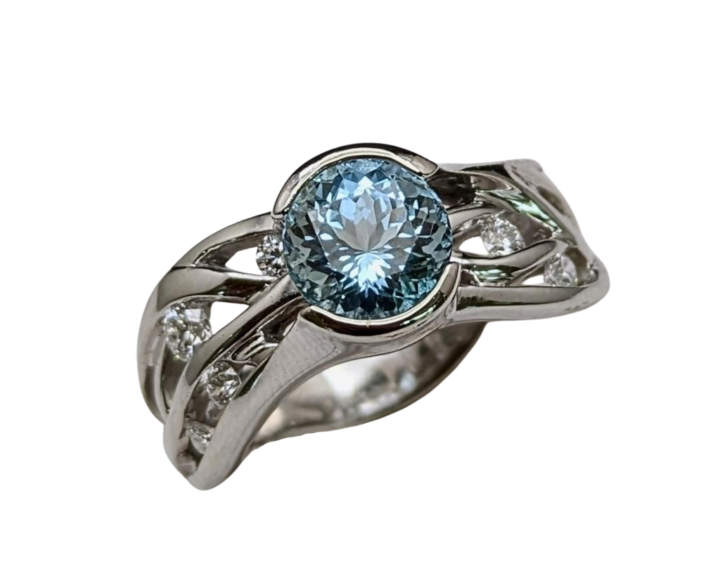 Aquamarine Free Form Vine Ring - White Gold