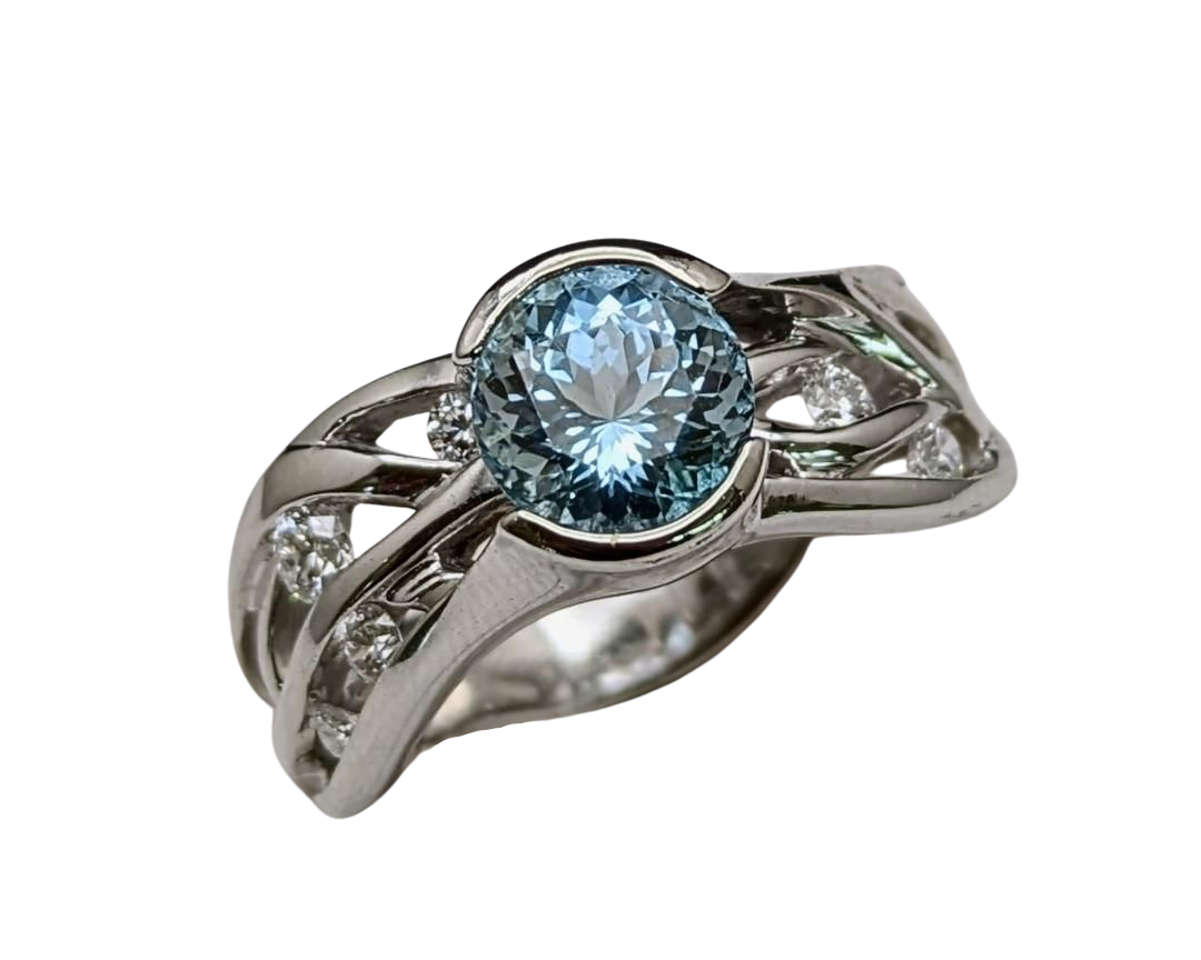 Aquamarine Free Form Vine Ring - White Gold