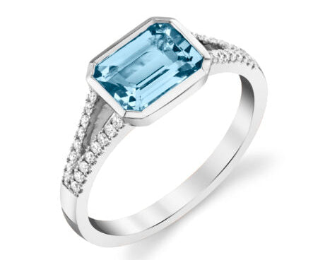 Emerald Cut Aquamarine Bezel Set Ring with Diamonds - White Gold