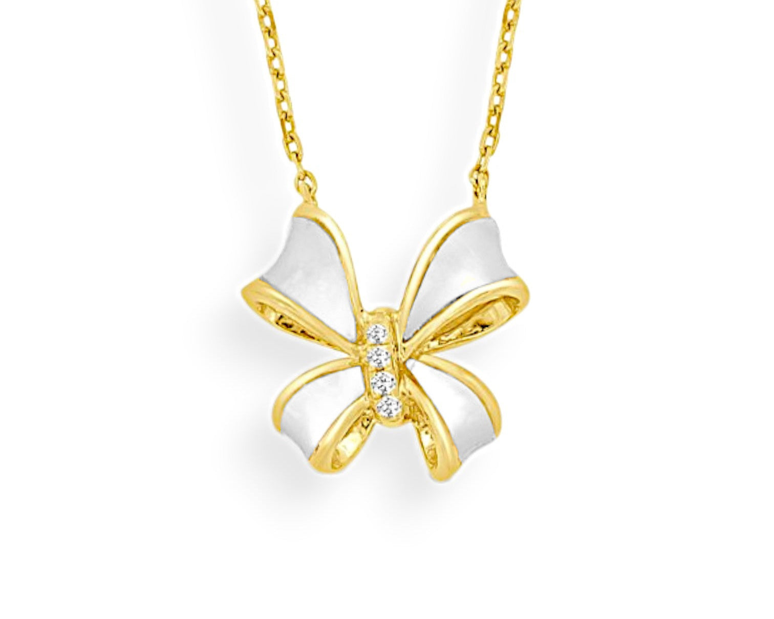 Mother of Pearl Bow Necklace with Pave Diamonds - Yellow Gold