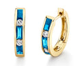 Blue Topaz and Diamond Huggie Style Hoop Earrings - Yellow Gold