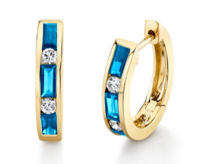 Blue Topaz and Diamond Huggie Style Hoop Earrings - Yellow Gold