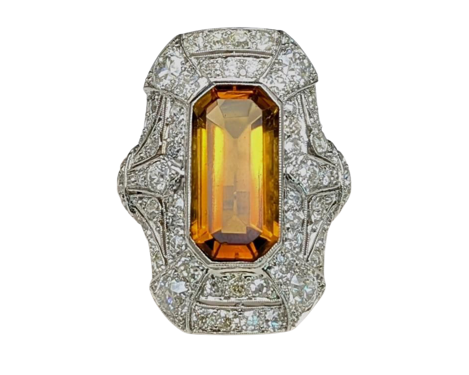 Art Deco Citrine Ring with Pave Old Cut Diamonds - Platinum