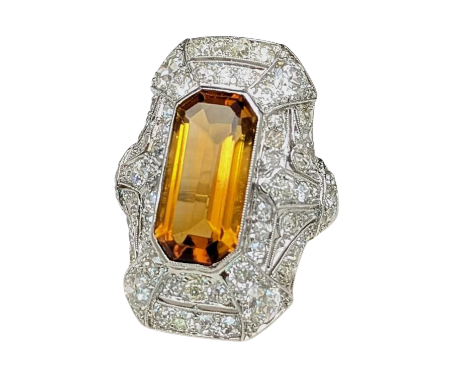 Art Deco Citrine Ring with Pave Old Cut Diamonds - Platinum