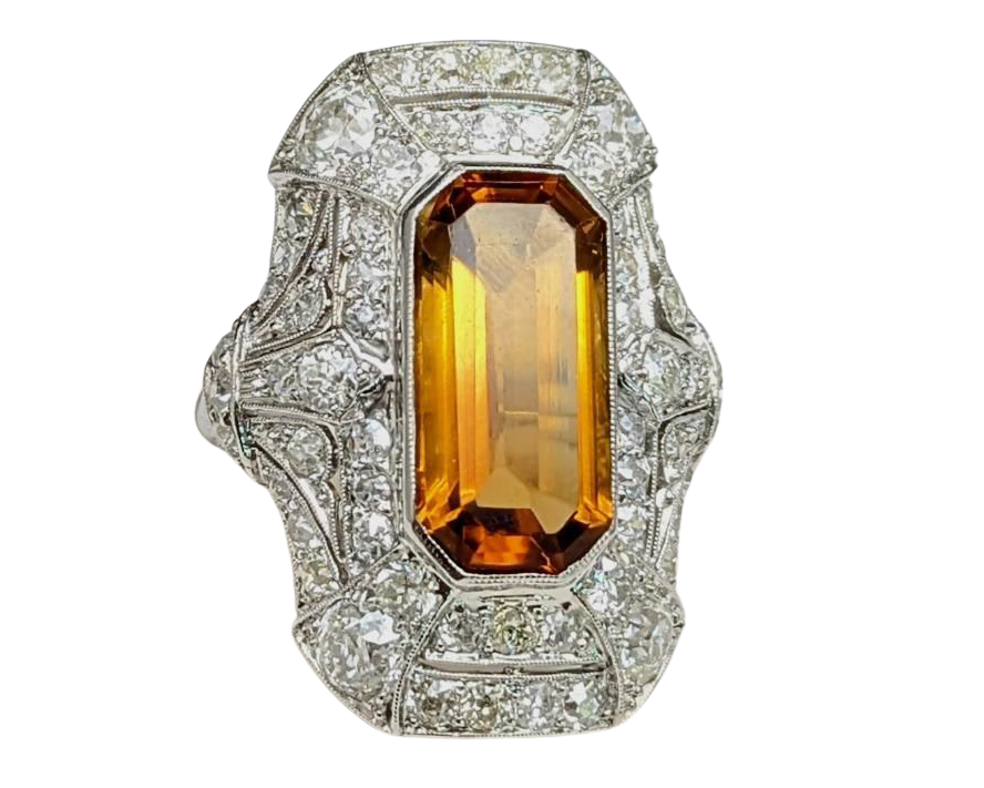 Art Deco Citrine Ring with Pave Old Cut Diamonds - Platinum