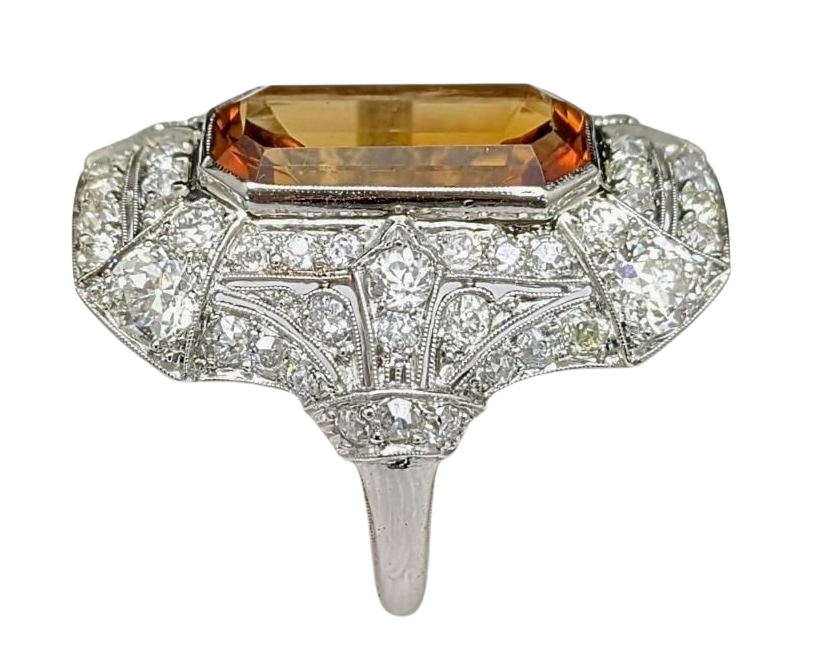 Art Deco Citrine Ring with Pave Old Cut Diamonds - Platinum