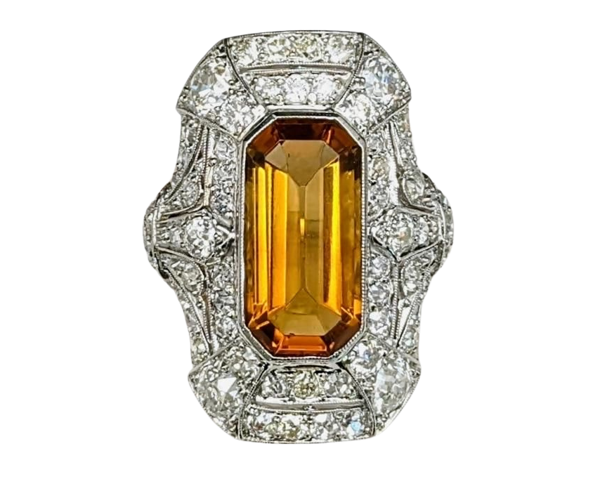 Art Deco Citrine Ring with Pave Old Cut Diamonds - Platinum