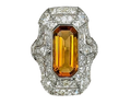 Art Deco Citrine Ring with Pave Old Cut Diamonds - Platinum