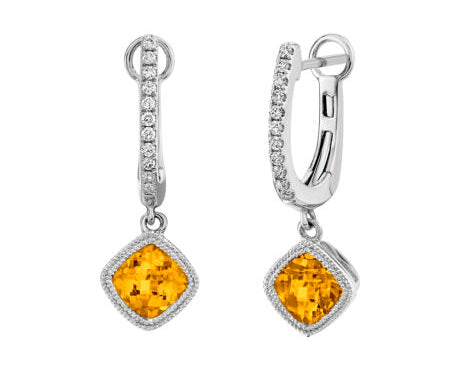 Square Bezel Set Citrine Dangle Earrings - White Gold