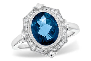 London Blue Topaz Ring w/ Art Deco Style Milgrain Diamond Halo - White Gold