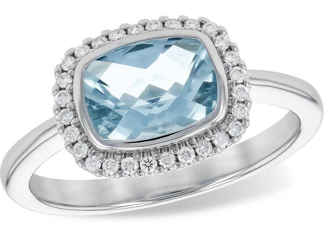 Aquamarine Ring With Diamond Halo - White Gold