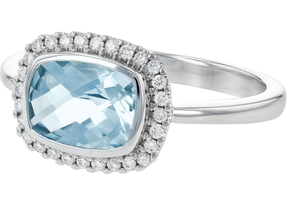 Aquamarine Ring With Diamond Halo - White Gold