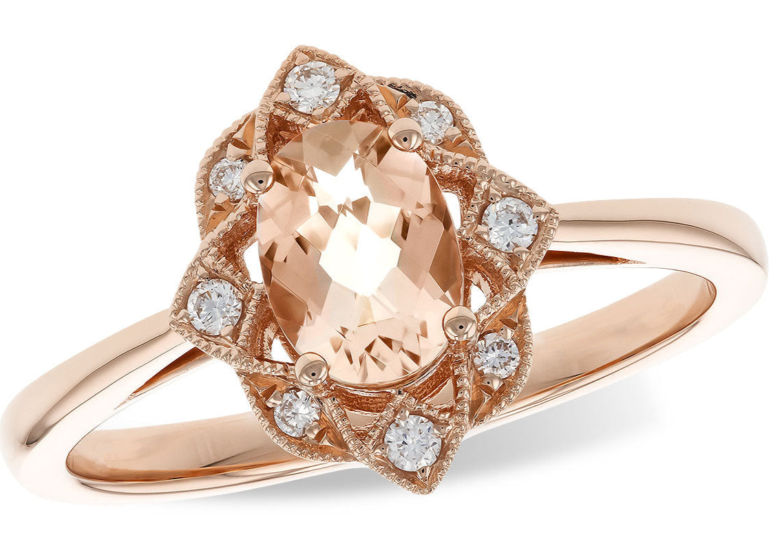 Morganite Ring with Diamond Accented Fancy Halo - Rose Gold
