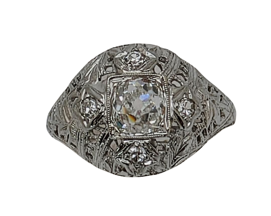 Art Deco Old Mine Cut Diamond with Filigree Details - White Gold