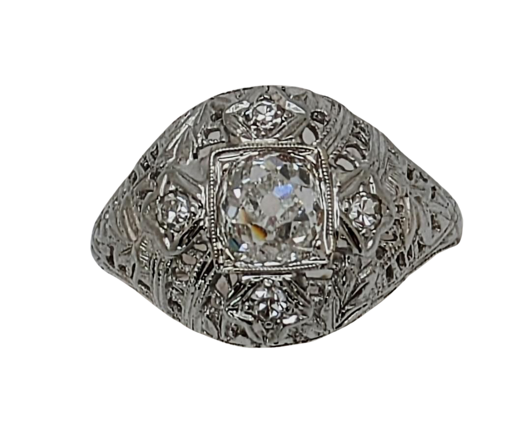 Art Deco Old Mine Cut Diamond with Filigree Details - White Gold