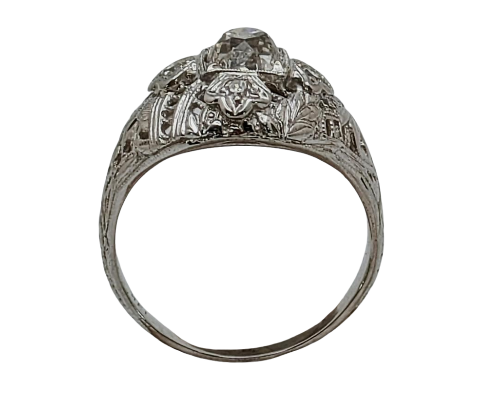Art Deco Old Mine Cut Diamond with Filigree Details - White Gold