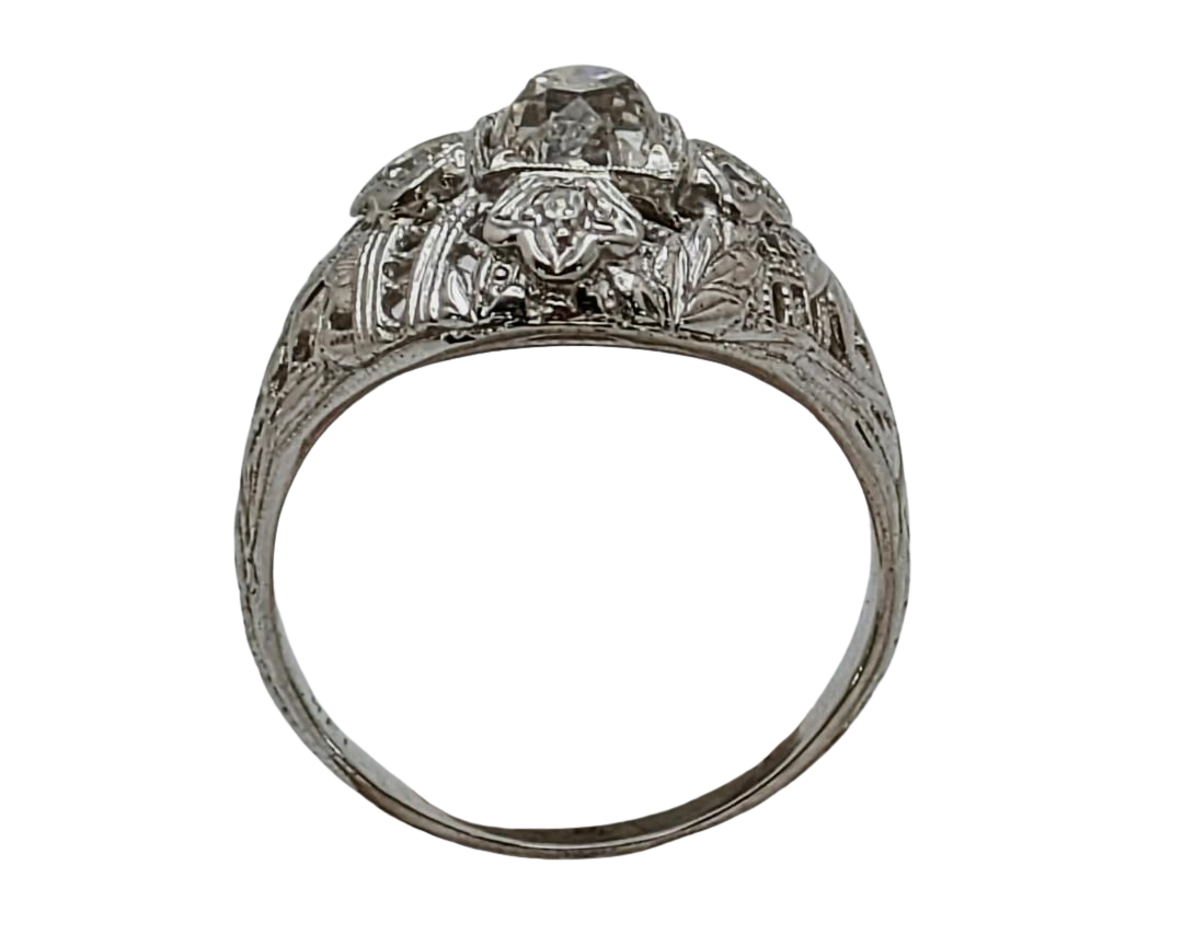 Art Deco Old Mine Cut Diamond with Filigree Details - White Gold