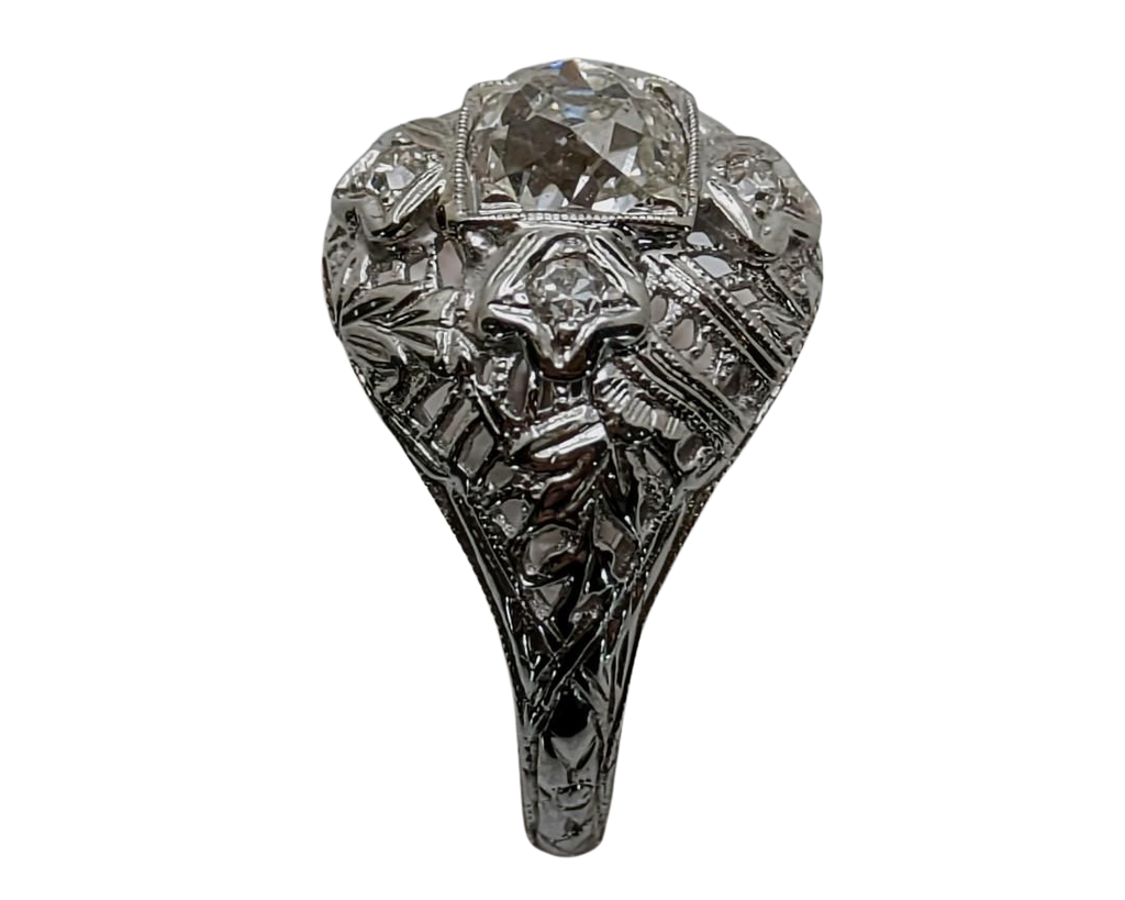 Art Deco Old Mine Cut Diamond with Filigree Details - White Gold
