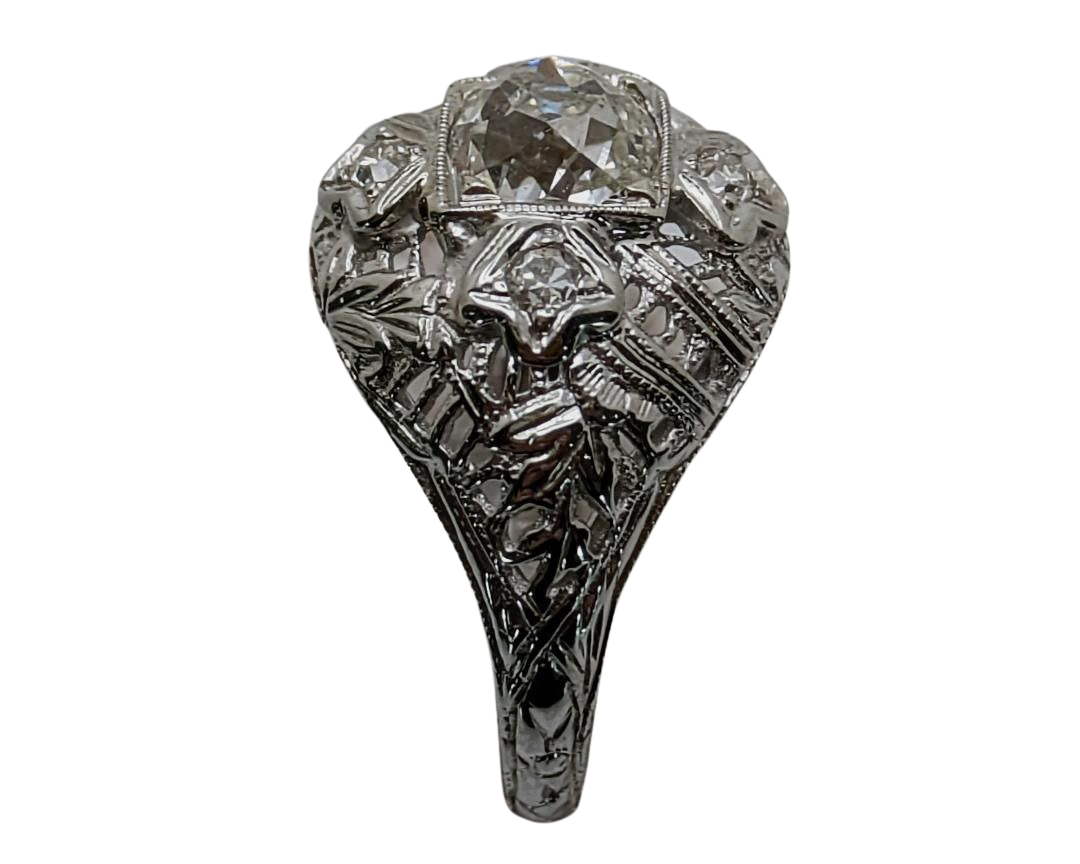 Art Deco Old Mine Cut Diamond with Filigree Details - White Gold