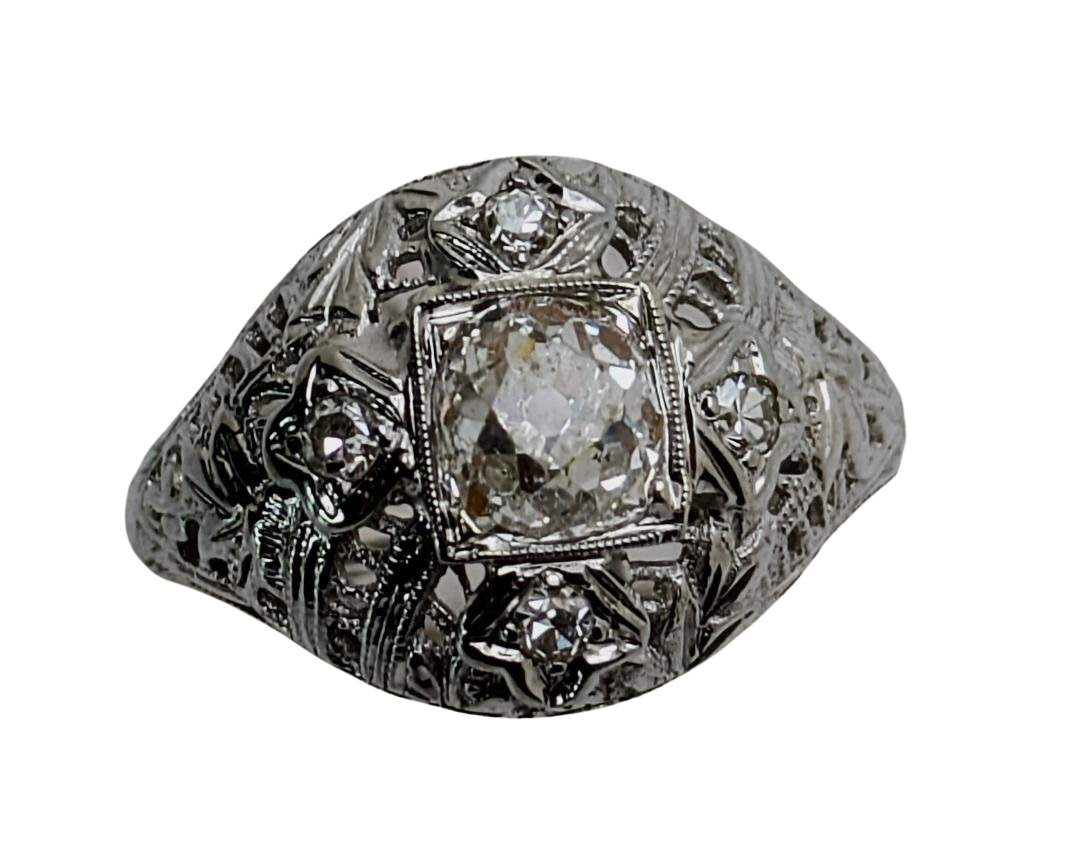 Art Deco Old Mine Cut Diamond with Filigree Details - White Gold