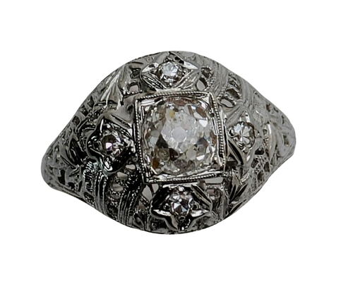 0.61ct Old Mine Cut Diamond with Filigree Details - White Gold