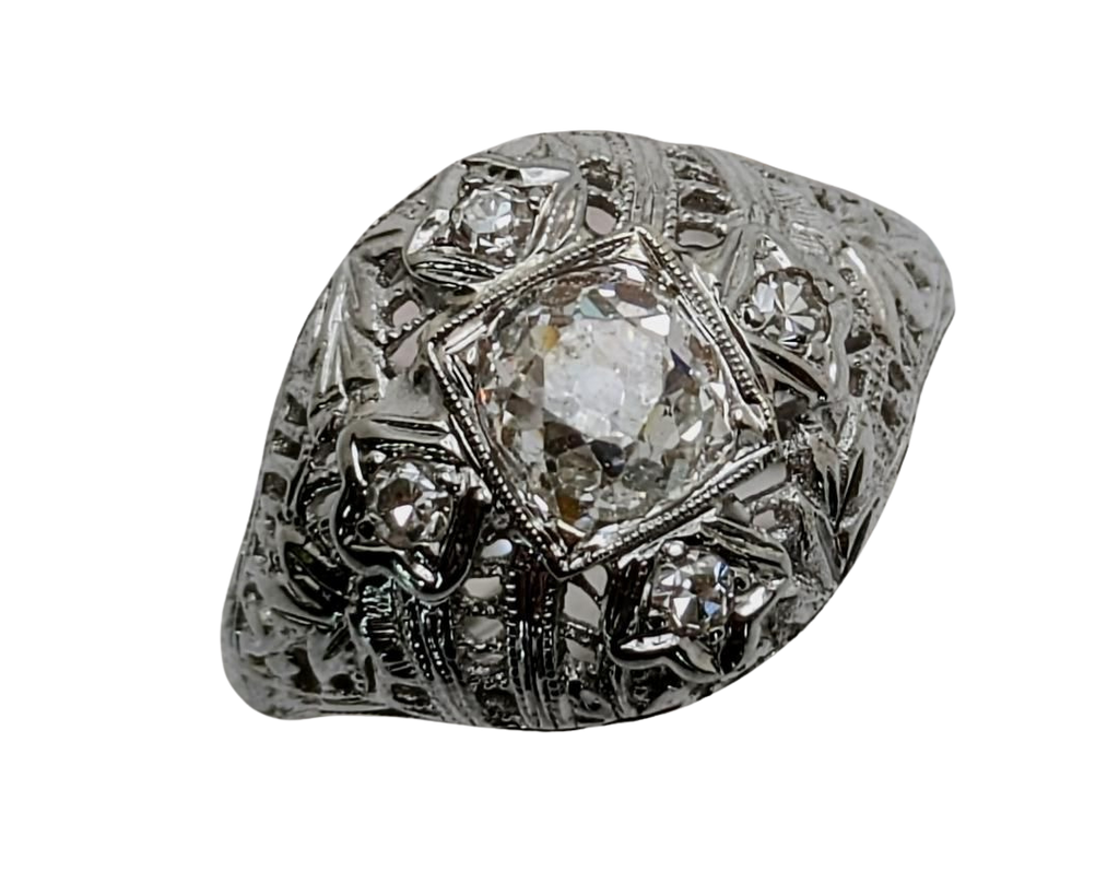 Art Deco Old Mine Cut Diamond with Filigree Details - White Gold