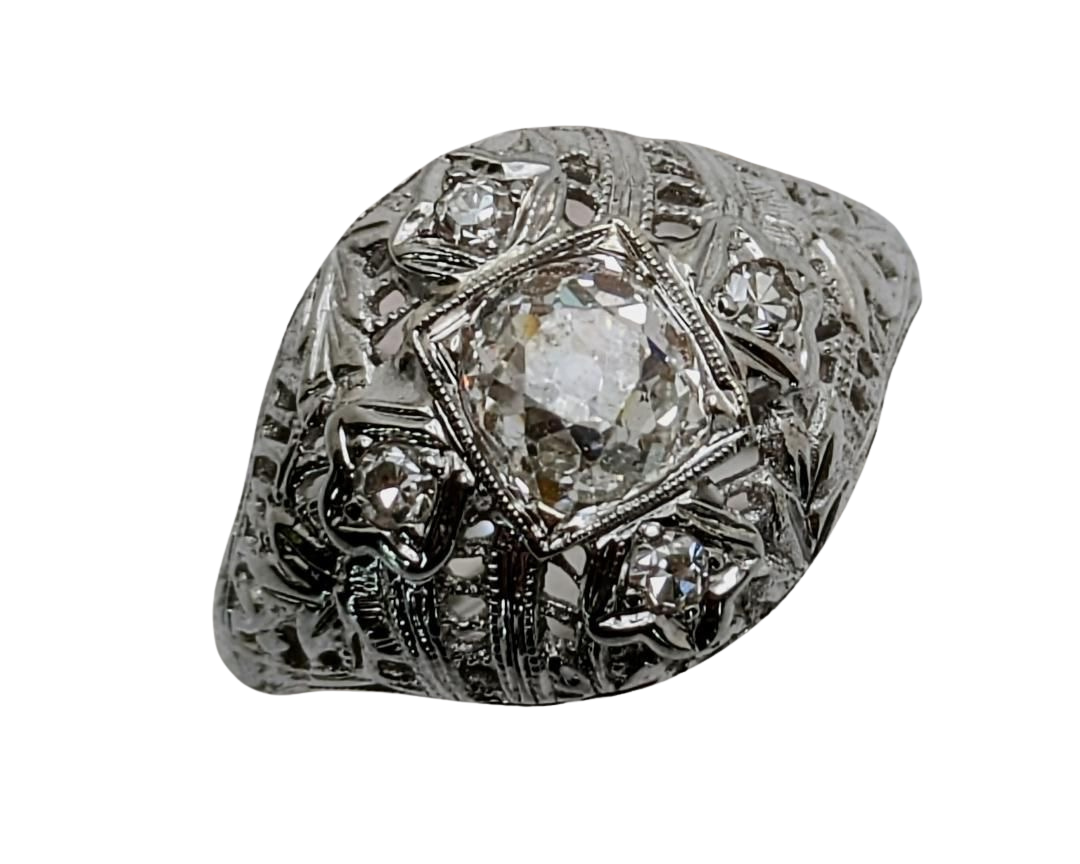 Art Deco Old Mine Cut Diamond with Filigree Details - White Gold