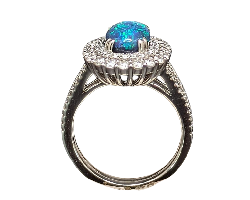 Black Opal Ring with Double Halo - White Gold