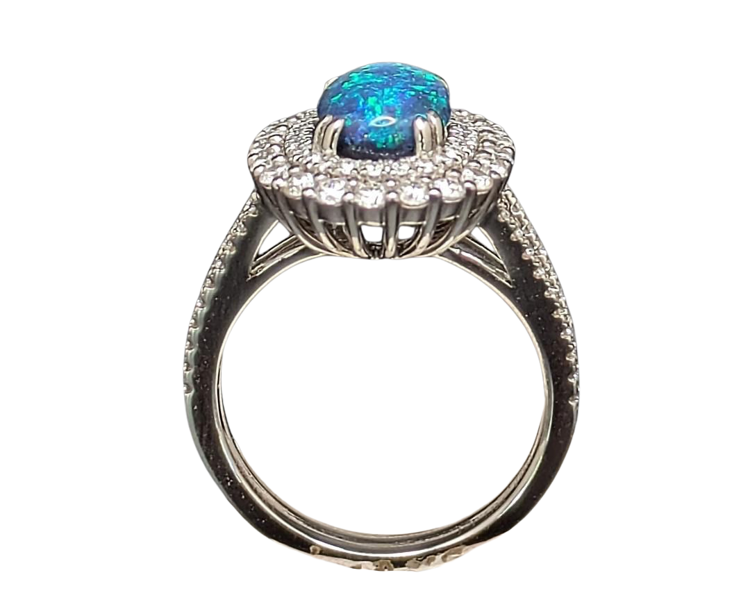 Black Opal Ring with Double Halo - White Gold