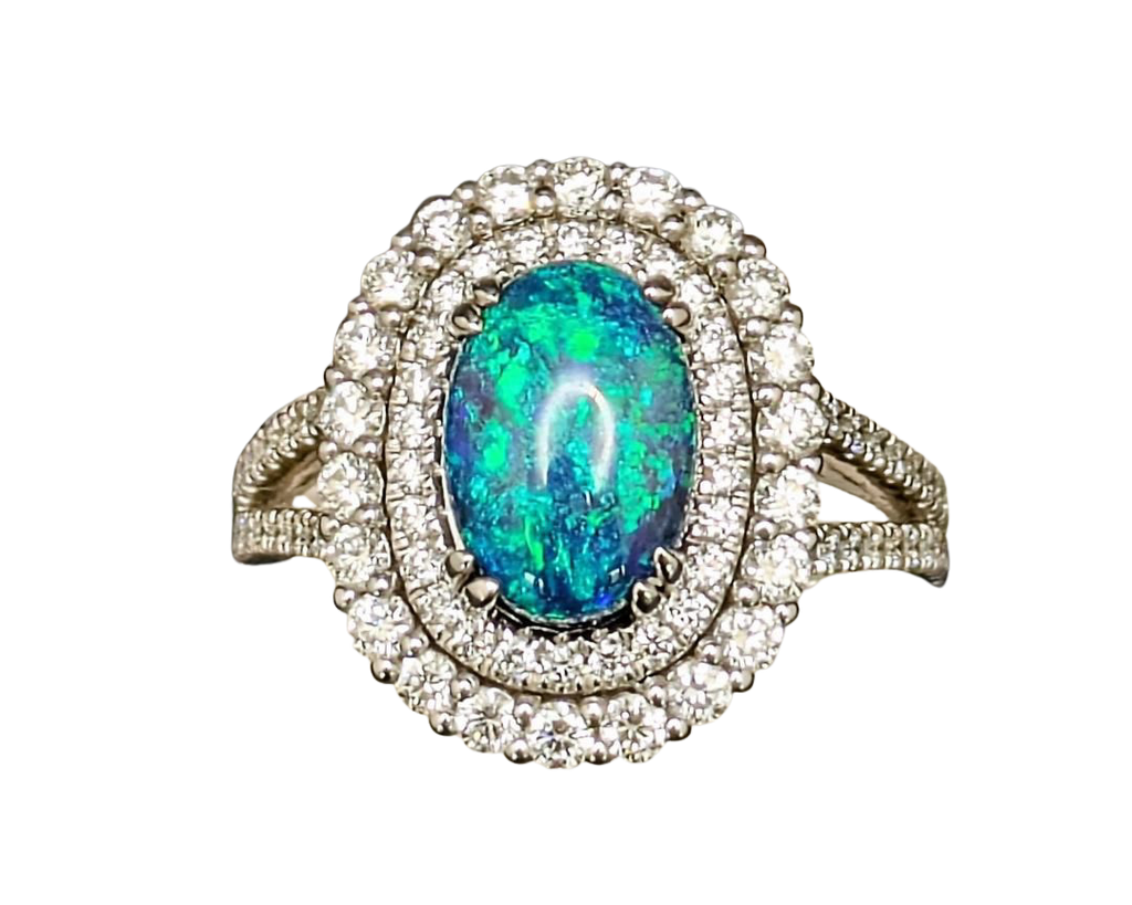 Black Opal Ring with Double Halo - White Gold