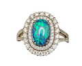 Black Opal Ring with Double Halo - White Gold