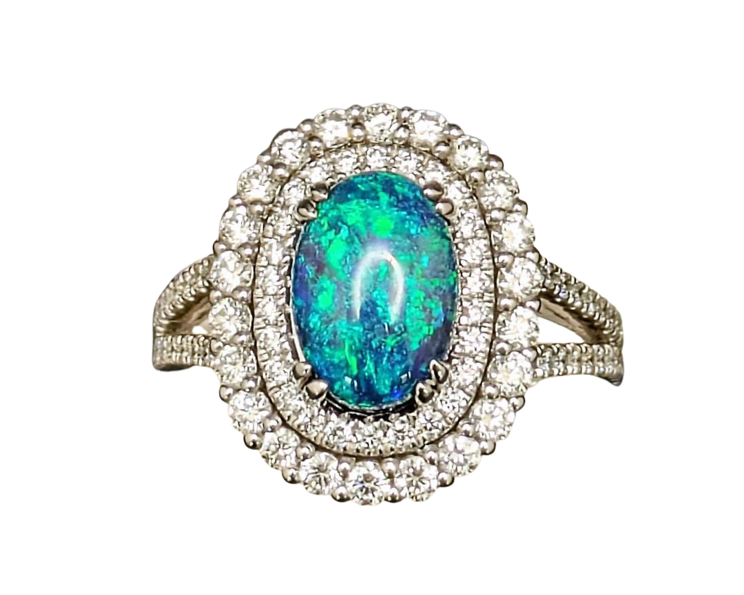 Black Opal Ring with Double Halo - White Gold