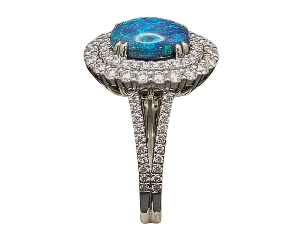 Black Opal Ring with Double Halo - White Gold