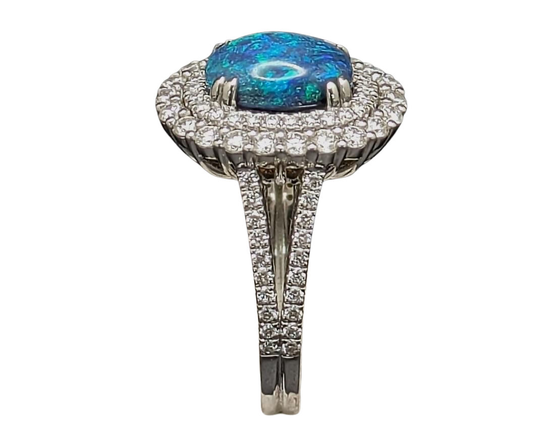 Black Opal Ring with Double Halo - White Gold