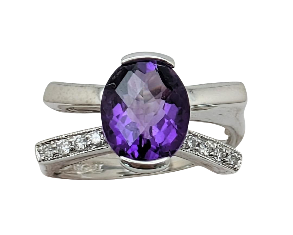 Amethyst Semi-Bezel Bypass Ring With Accenting Diamonds - White Gold