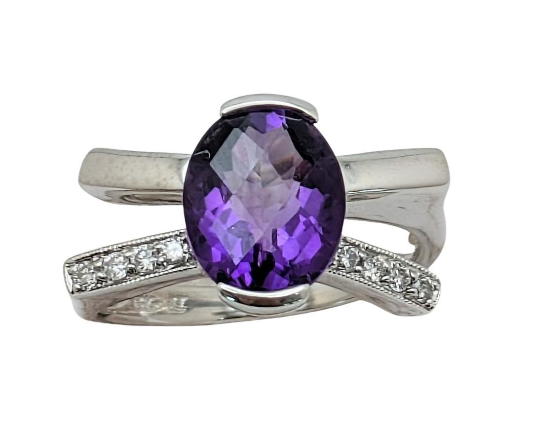 Amethyst Semi-Bezel Bypass Ring With Accenting Diamonds - White Gold