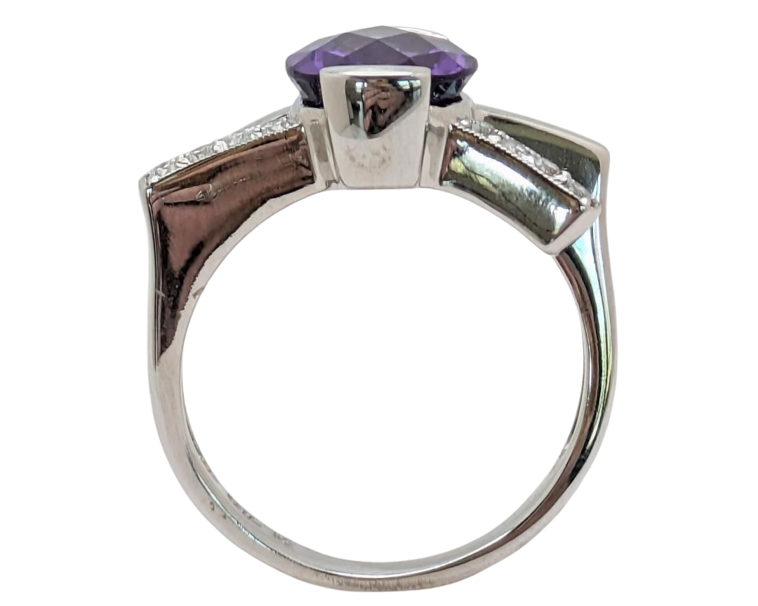 Amethyst Semi-Bezel Bypass Ring With Accenting Diamonds - White Gold