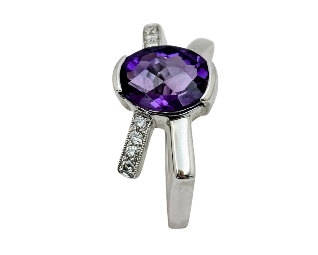Amethyst Semi-Bezel Bypass Ring With Accenting Diamonds - White Gold