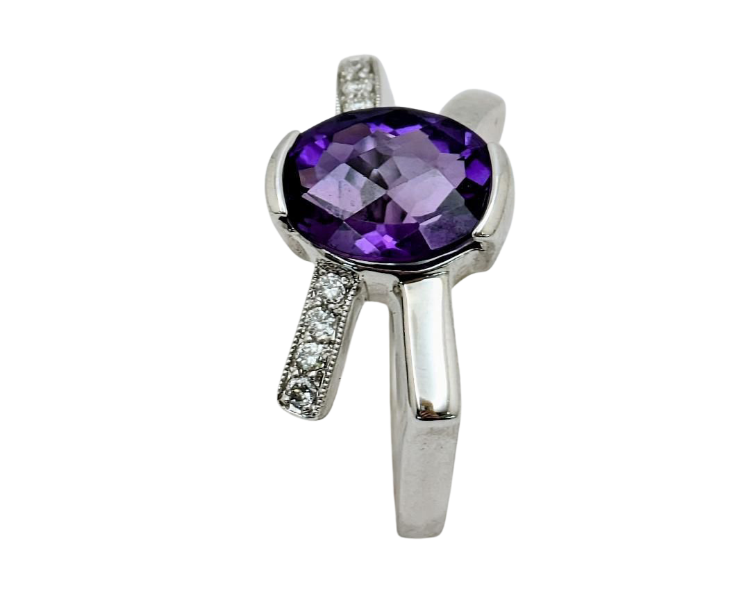 Amethyst Semi-Bezel Bypass Ring With Accenting Diamonds - White Gold