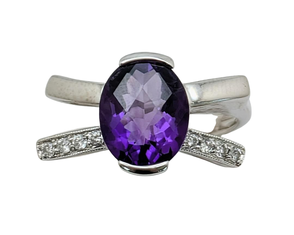 Amethyst Semi-Bezel Bypass Ring With Accenting Diamonds - White Gold