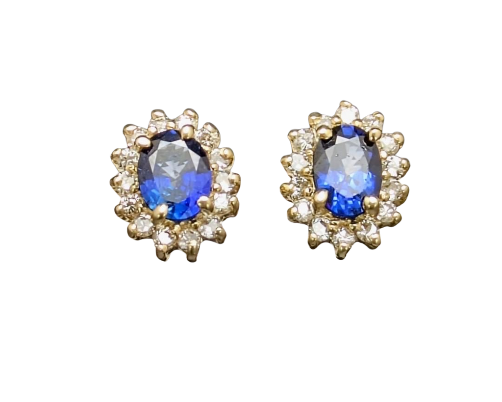 Oval Sapphire Stud Earrings with Diamond Halo - Yellow Gold