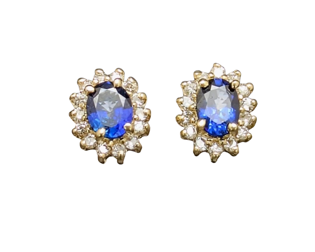 Oval Sapphire Stud Earrings with Diamond Halo - Yellow Gold