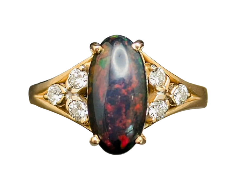 Australian Black Opal Ring with Diamond Accents - Yellow Gold