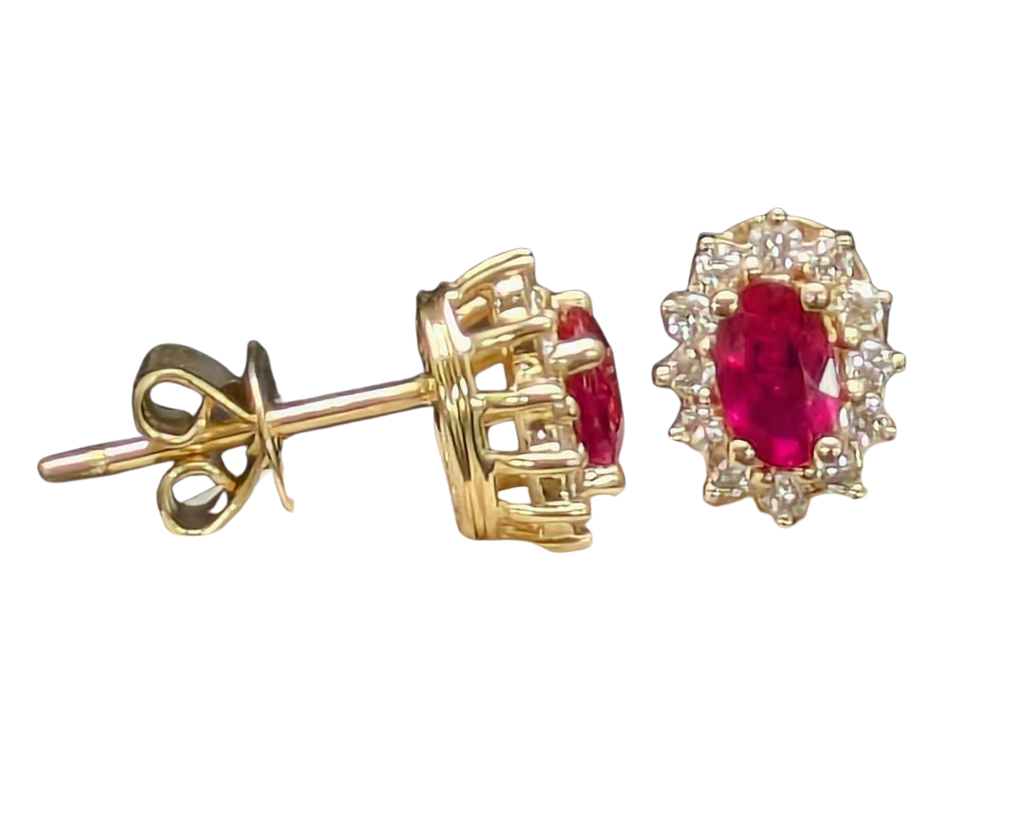 Ruby Stud Earrings with Diamond Halo - Yellow Gold