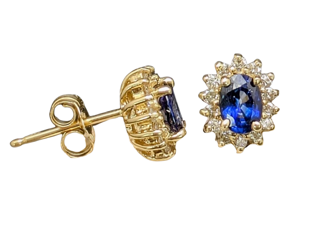 Oval Sapphire Stud Earrings with Diamond Halo - Yellow Gold