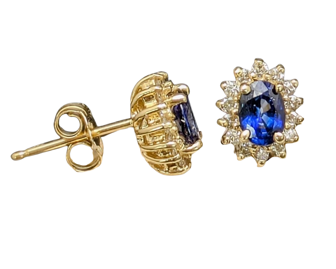 Oval Sapphire Stud Earrings with Diamond Halo - Yellow Gold