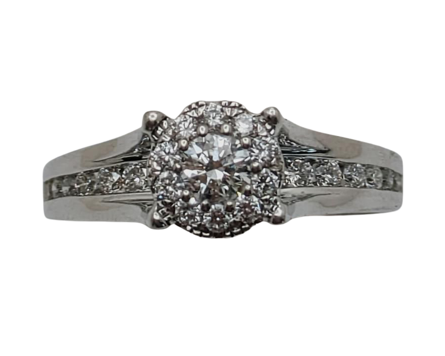 Diamond Cluster Halo Ring with Diamond Accents - White Gold