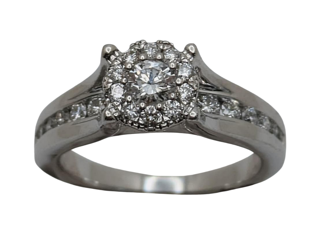 Diamond Cluster Halo Ring with Diamond Accents - White Gold
