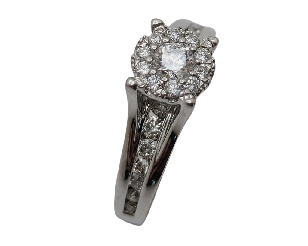 Diamond Cluster Halo Ring with Diamond Accents - White Gold
